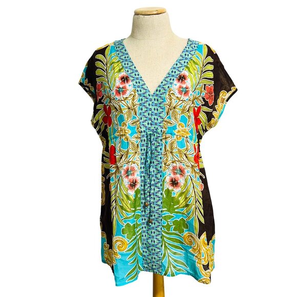 Tommy Bahama Womens Tropical Floral Print Tunic Top S/P Multicolor Short Sleeve - Picture 9 of 9